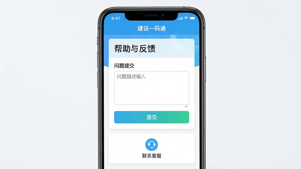 主体:手机屏幕显示建设一码通应用内的帮助与反馈界面,包含问题提交表单与客服联系方式。布局:手机居中,屏幕内清晰展示“帮助与反馈”标题、问题描述输入框及提交按钮。排版:界面简洁,采用卡片式设计,按钮色彩鲜明。风格:浅色调,清爽干净,重点信息突出。细节:屏幕上方显示“建设一码通”应用名称,表单下方有“联系客服”图标。画质:高清,界面文字清晰可读,画面干净无杂物。
