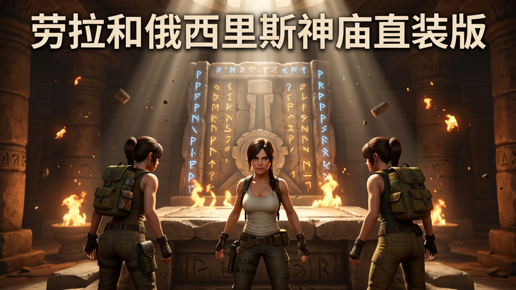 主体:劳拉与三名队友在神庙内部机关前商议对策。布局:四人以半圆形围站在一个巨大的石台周围,上方有光束照射。排版:人物分布在画面下三分之二,机关与符文占据上方。风格:游戏实机画面风格,光影动态。细节:每人装备各异,环境中有动态火焰与漂浮的尘埃。画质:高分辨率,干净,无多余元素。文字:“劳拉和俄西里斯神庙直装版”