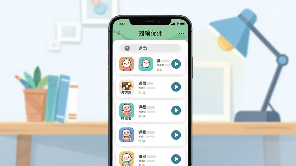 画面主体为一部智能手机屏幕显示“蜡笔优课”课程列表界面,背景是简洁的书桌与台灯,构图居中,采用扁平化设计风格,色彩明亮清新,细节包括课程分类图标与播放按钮,画质高清干净,无多余元素