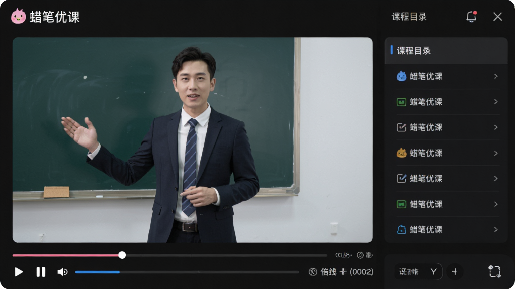 画面为“蜡笔优课”视频播放页面,屏幕中央正在播放讲师授课画面,底部有播放控制条与倍速选项,右侧有课程目录列表,整体布局清晰,采用深色模式,风格专业商务,细节包括进度条与清晰度选项,画质高清干净,无多余元素