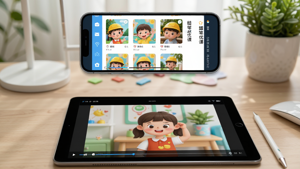 画面为“蜡笔优课”App在手机和平板上同时显示学习界面的对比图,上方为手机竖屏浏览课程列表,下方为平板横屏播放视频,背景有桌面和绿植,构图采用左右分割式,风格写实,细节包括屏幕中的课程缩略图与播放进度条,画质超清干净,无多余元素