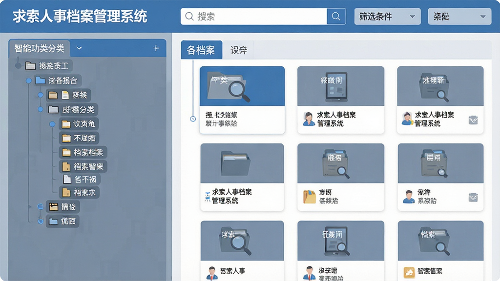 一张展示“求索人事档案管理系统”智能分类功能的界面图片,画面左侧为分类树状结构,右侧为对应档案卡片列表,顶部有搜索框与筛选条件,整体采用扁平化UI设计,蓝灰配色,布局清晰,文字标签为“求索人事档案管理系统”,画质干净,细节丰富