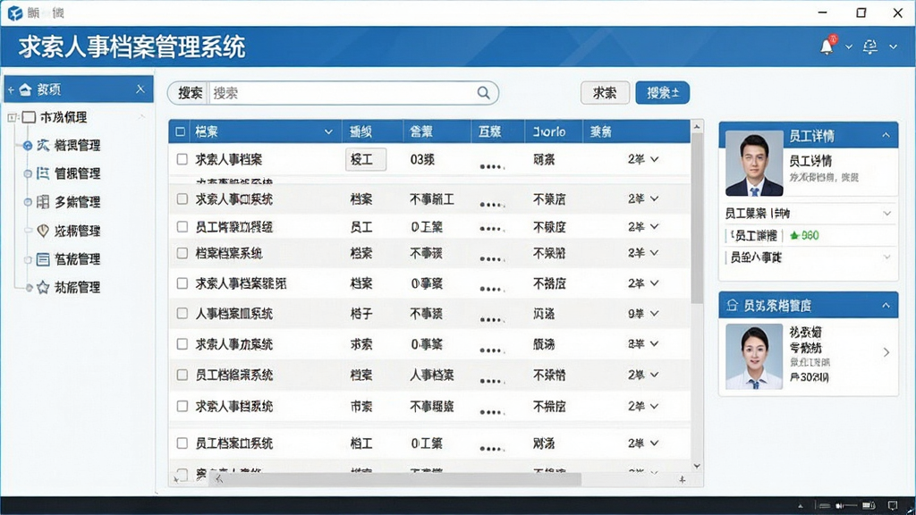一张展示“求索人事档案管理系统”主界面的高清截图,画面中央为清晰的档案列表与搜索栏,左侧为功能导航树,右侧显示员工详情卡片,整体采用蓝白商务风格,布局规整,字体清晰,界面干净无多余元素,细节丰富,画质清晰,文字标签为“求索人事档案管理系统”