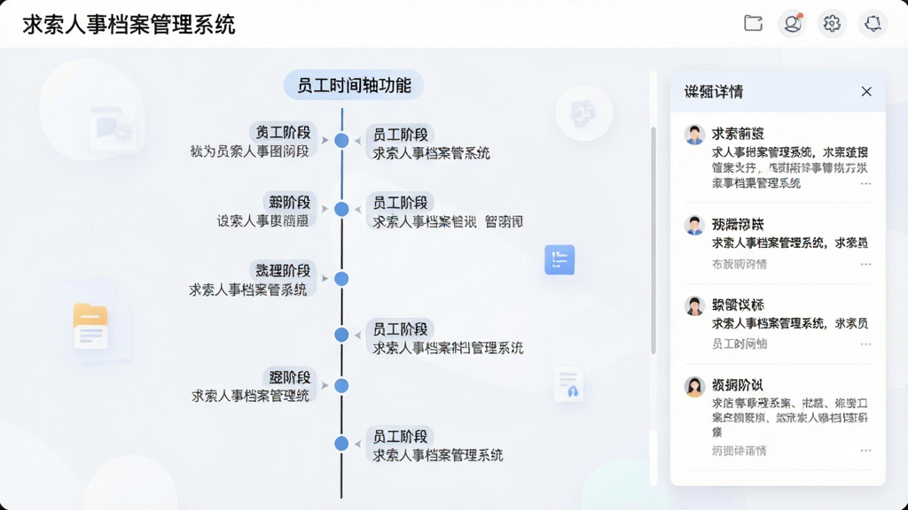 一张展示“求索人事档案管理系统”员工时间轴功能的预览图,画面中央为一条纵向时间轴,节点上标注各阶段事件,右侧有对应详情面板,整体风格简约现代,浅色背景,信息层级分明,文字标签为“求索人事档案管理系统”,画质清晰,布局干净