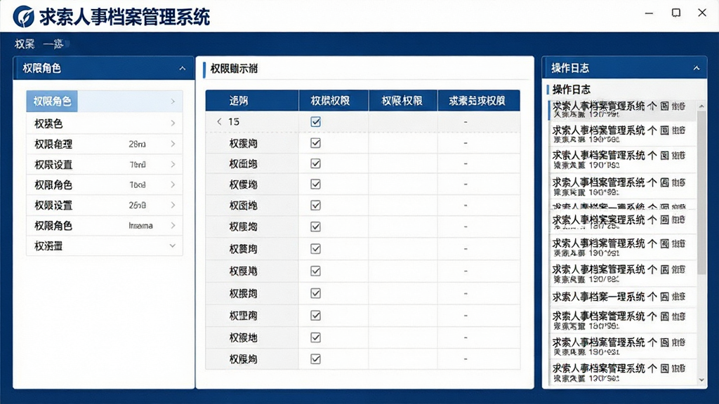 一张展示“求索人事档案管理系统”权限设置界面的图片,画面包含权限角色列表与勾选式权限矩阵,右侧为操作日志滚动记录,整体采用深蓝与白色搭配的商务风格,界面严谨规范,文字标签为“求索人事档案管理系统”,画质干净,细节清晰