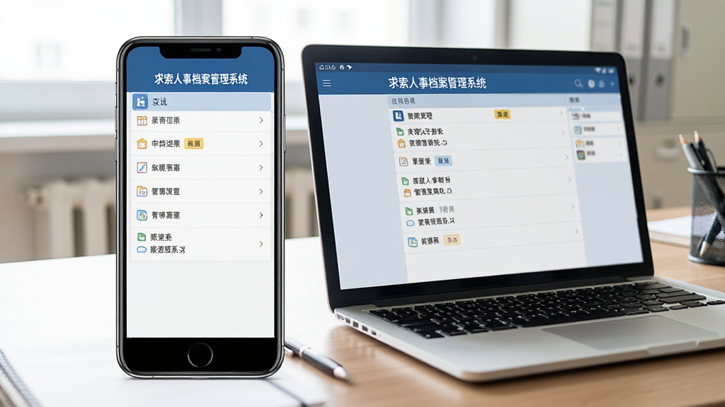 一张展示“求索人事档案管理系统”在手机端使用的场景图,画面中一部智能手机屏幕显示系统列表界面,旁边放有一台笔记本电脑,两者屏幕内容相似,背景为办公桌面,整体风格写实自然,光线明亮,文字标签为“求索人事档案管理系统”,画质干净,无多余元素