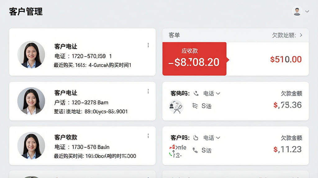 主体:软件“客户管理”界面,显示客户列表与欠款金额;布局:左侧客户头像,右侧详单;排版:卡片式布局,突出“应收款”红色数字;风格:商务简约风,浅灰底色;细节:客户卡片有电话、地址、最近购买时间;画质:干净,无多余元素。