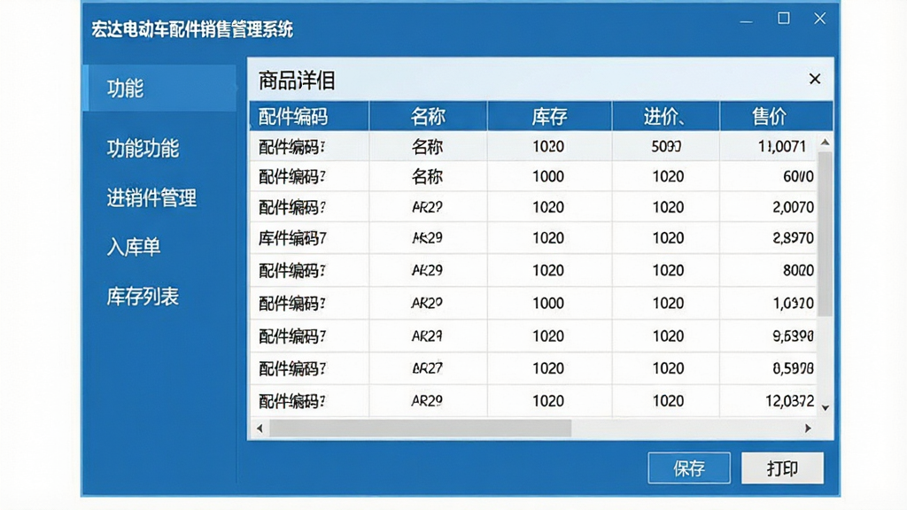 主体:软件“进销存管理”功能界面截图风格画面,显示入库单与库存列表;布局:界面窗口占中央,左侧为功能菜单,右侧为商品明细表格;排版:表格行分明,有“配件编码、名称、库存、进价、售价”列标题;风格:扁平化UI设计,蓝色主题;细节:窗口上方有“宏达电动车配件销售管理系统”字样,底部有“保存”“打印”按钮;画质:清晰,干净,无多余元素。