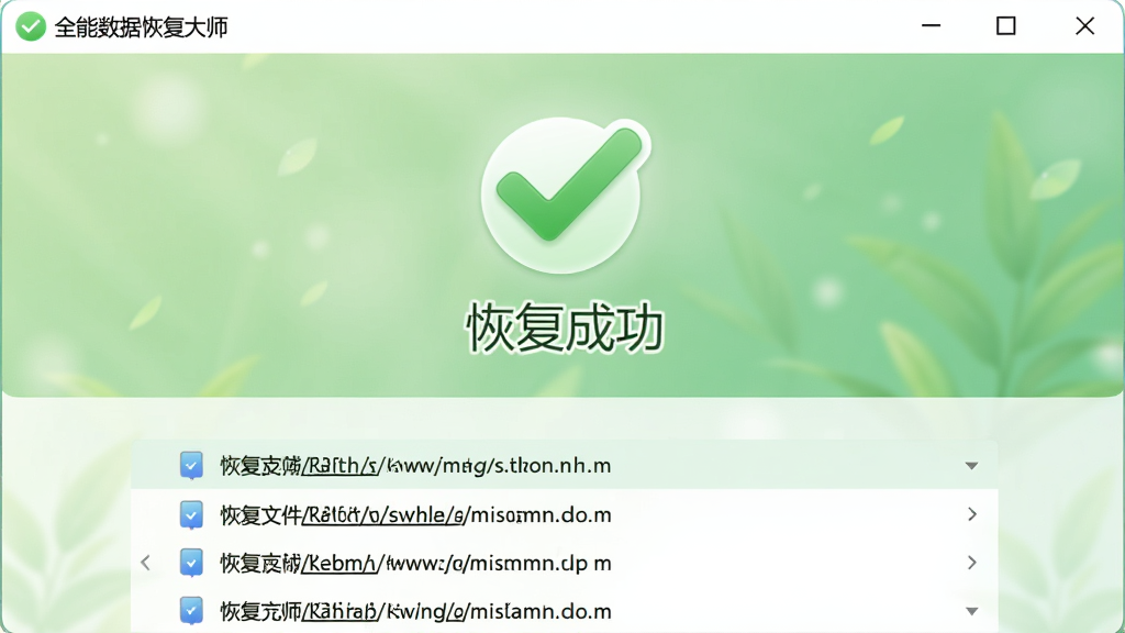 全能数据恢复大师恢复完成界面,主体为绿色对勾图标与“恢复成功”字样,下方列表显示已恢复文件路径,布局居中,排版简洁,风格清新,细节柔和,画质干净