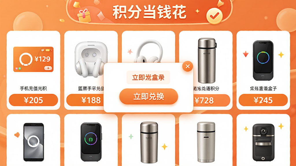 ���壺����ʱ����Ӷһ��̳ǽ��棬չʾ������Ʒ���ֻ���ֵ�����������������±��ȣ�ÿ����Ʒ�·����л��ּ۸񡣲��֣�����״��Ʒ���У�����Ϊ�������һ�����ť������ʽ���Ű棺��ƷͼƬ����������۸��ǩ��Ŀ�����ů��ɫ������Ӫ����ܰ�����Χ��ϸ�ڣ����������ʾ�����ֵ�Ǯ�������һ��ɹ���ʾ�Թ�ͼ�ꡣ���ʣ��ɾ���������Ʒϸ�ڷḻ��������Ԫ�ء�
