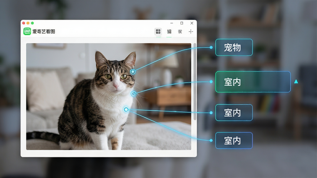 一张展示爱奇艺看图软件AI识图功能的预览图,画面左侧是带有“爱奇艺看图”logo的软件窗口,窗口中显示一张包含宠物猫的图片,右侧弹出智能识别结果标签,如“宠物”、“猫”、“室内”等关键词,并用线条连接到图片中的猫身上,背景虚化,整体布局清晰,风格科技感十足,画质细腻干净。
