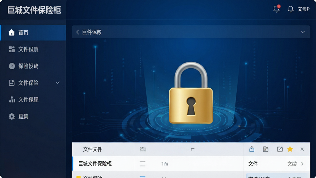 一张展示巨城文件保险柜主界面的高清截图,界面简洁现代,左侧为功能导航栏,右侧为文件列表区域,中央显示一把金色锁的图标,背景为深蓝色科技感渐变,整体布局清晰,文字标签标注“巨城文件保险柜”,画质干净,无多余元素。