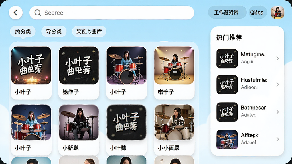 小叶子架子鼓曲库浏览界面,以网格形式展示专辑封面,顶部有搜索栏和分类标签,右侧显示热门推荐,界面明亮活泼,卡片圆角设计,画质干净,无多余元素