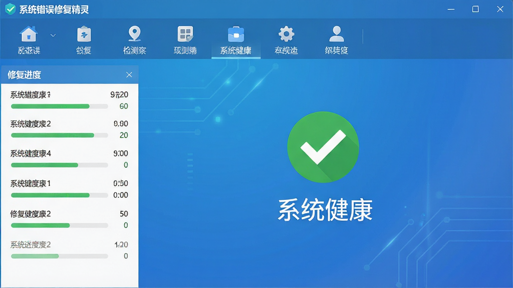 一张高清的软件主界面截图,主体为“系统错误修复精灵”的检测结果页面,中央显示绿色对勾和“系统健康”字样,上方带有功能图标栏,左侧为修复进度列表,背景为清爽的蓝色渐变,整体布局扁平化、科技感强,文字清晰锐利,画质干净无多余元素