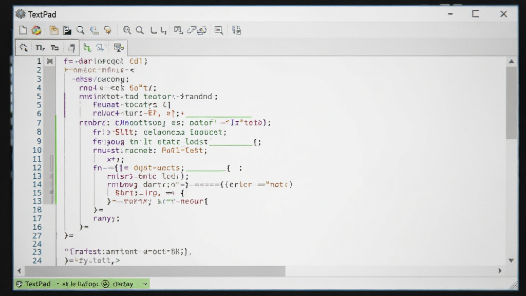TextPad 代码编辑特写,彩色语法高亮显示 C++ 代码,左侧行号,底部状态栏,清晰展示“TextPad”工具界面,背景柔和,画质细腻,干净无多余元素