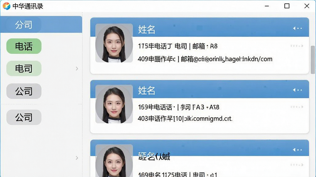 主体为中华通讯录的联系人列表界面截图,左侧显示分组标签,右侧为联系人详情卡片,卡片上标注姓名、电话、公司、邮箱等字段,布局清晰,风格简洁商务,细节包含软件名称“中华通讯录”文字,画质干净,无多余元素