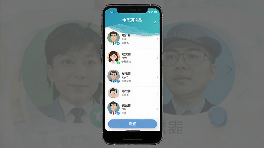 主体为中华通讯录在手机上运行的界面截图,屏幕显示联系人管理页面,下方有“设置”按钮,整体布局为竖屏截图,风格简洁,细节包含软件名称“中华通讯录”文字,画质干净,无多余元素