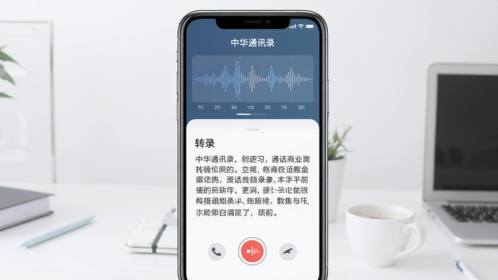 主体为中华通讯录的通话录音转文字功能展示,画面中一部手机正在录音,上方有音频波形图,下方有转录出的文字段落,整体布局居中,风格简洁科技,细节包含软件名称“中华通讯录”文字,画质干净,无多余元素