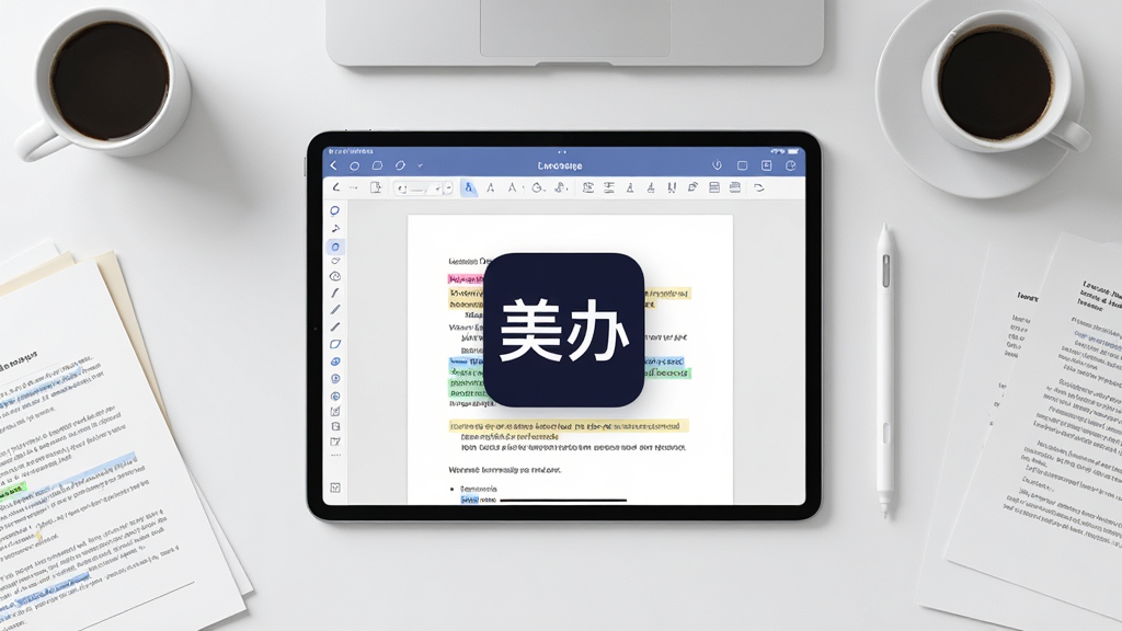 画面主体为一张现代办公桌俯视图,桌面中央摆放一台运行着美办软件的平板电脑,屏幕上显示文档编辑界面并带有“美办”悬浮标识。周围散落着触控笔、咖啡杯与几份纸质文件,但焦点清晰锁定在平板屏幕。布局采用对称式构图,风格明亮写实,细节包括屏幕上的文字工具栏与高亮段落标记。画质细腻,干净无多余元素
