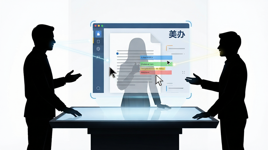 画面主体为三个人物剪影围绕一张虚拟光桌进行讨论,桌上悬浮着全息投影的共享文档界面,界面右上角带有“美办”字样。人物之间通过发光线条连接代表实时协作。布局采用横向全景构图,风格科技感十足,细节包括屏幕上的光标箭头与修改高亮色块。画质清晰明亮,干净无多余元素