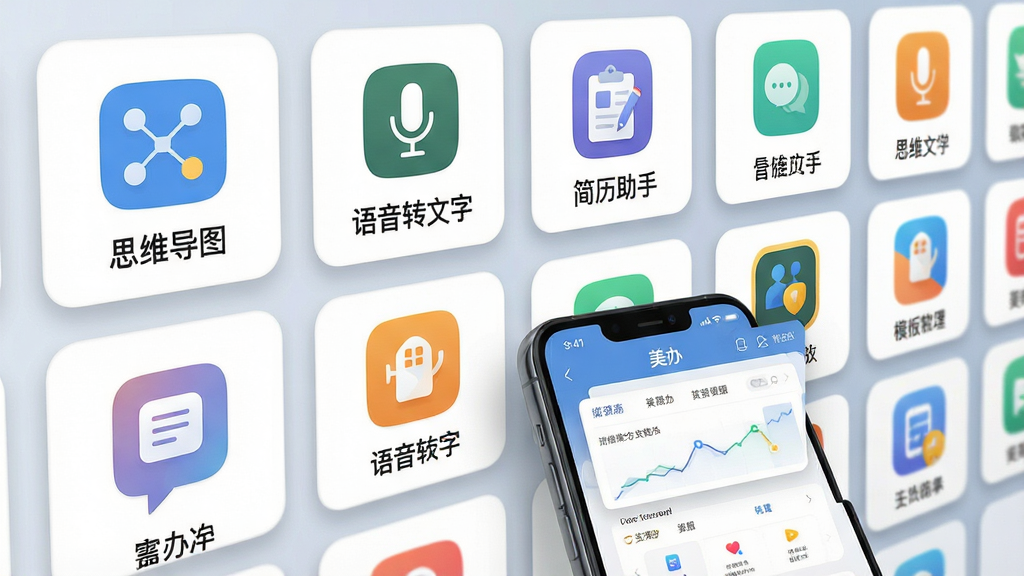 画面主体为手机应用商店风格的界面展示墙,墙面上整齐排列着美办软件的各类功能图标卡片,包括“思维导图”、“语音转文字”、“简历助手”等。每张卡片下方有简短中文名称。前景摆放一台手机显示美办应用内的模板选择页面。布局采用网格透视,风格扁平清新,色彩明快。细节突出卡片上的圆角与阴影,画质高清,干净无多余元素