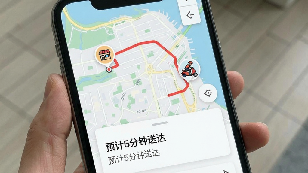 惠送达实时轨迹追踪界面图,画面为手机屏幕特写,屏幕内显示地图与一条弯曲的红色轨迹线,轨迹末端有一个骑手图标,起点为商家图标,布局采用上下结构,上方为地图区域下方为订单信息卡片,风格清新浅色,细节上卡片内文字显示“预计5分钟送达”,画质干净无多余元素