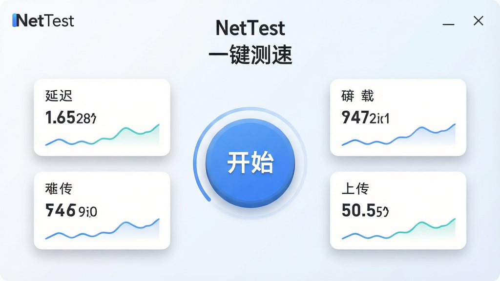 一张展示NetTest一键测速功能的AI生图,画面主体为一个简洁的软件操作界面,界面中央有一个醒目的圆形开始按钮,按钮周围环绕着延迟、下载、上传三个数据展示卡片,卡片上显示具体的数值和迷你折线图,背景为浅色渐变,布局采用上下结构,排版清晰整洁,风格为现代简约扁平化设计,细节上按钮带有轻微立体感、数据卡片有柔和阴影,画质高清,画面干净无多余元素,文字内容为“NetTest”和“一键测速”