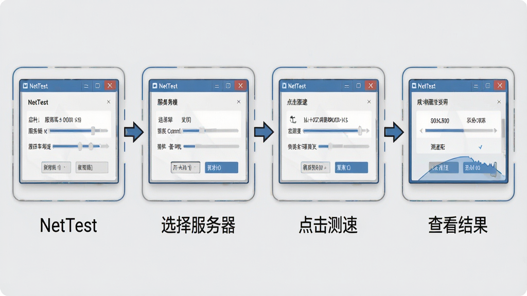 一张展示NetTest使用操作步骤的AI生图,画面主体为四个依次排列的操作截图框,分别展示启动软件、选择服务器、点击测速、查看结果四个步骤,每个步骤框下方配有简短的文字说明,背景为浅灰色,布局采用横向四格排列,风格为教程图解风,细节上截图框带有圆角、箭头指示清晰、文字简洁,画质高清,画面干净无多余元素,界面中带有“NetTest”标识