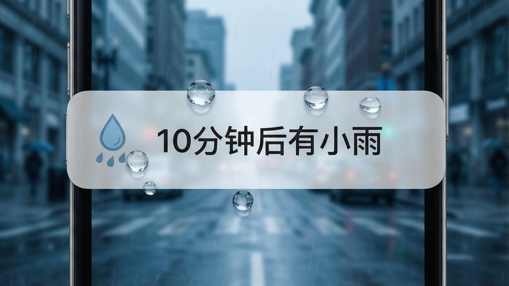 一张展示大字准时天气报降水提醒功能的图片,画面为手机屏幕弹出通知卡片,卡片上显示雨滴图标和文字“10分钟后有小雨”,背景为模糊的城市街道场景,色调偏冷。布局突出通知卡片,风格写实,细节包括雨滴的透明质感和文字的可读性。画质清晰,干净,无多余元素。