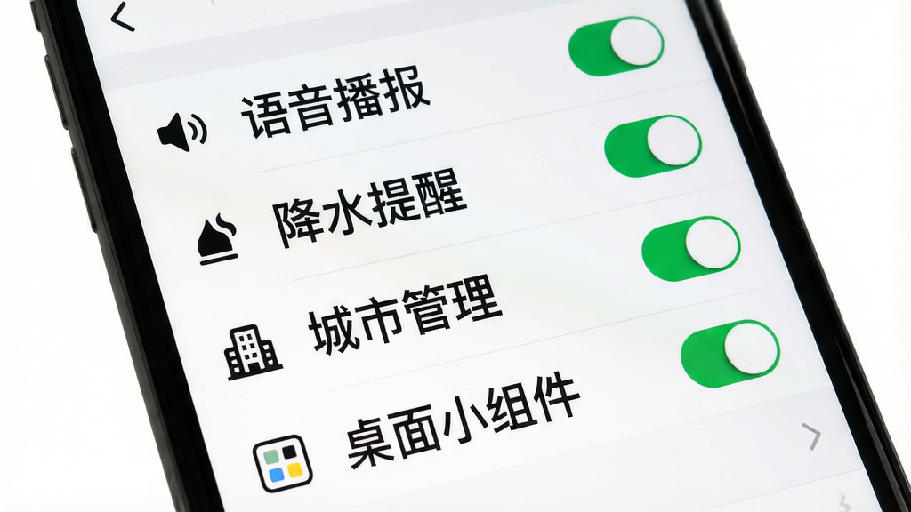 一张展示大字准时天气报设置界面的图片,画面为手机屏幕显示设置菜单,包含“语音播报”、“降水提醒”、“城市管理”、“桌面小组件”等选项,界面简洁,字体较大,背景为白色。布局清晰,风格实用主义,细节包括选项图标和开关按钮。画质高清,干净,无多余元素。