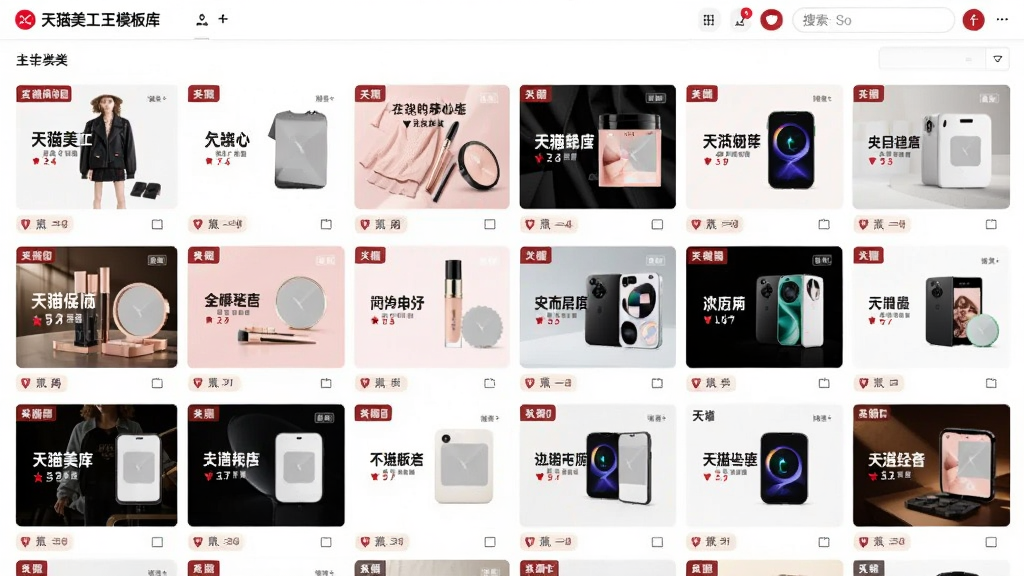 画面展示天猫美工王模板库界面,主体为排列整齐的电商主图模板缩略图,包含服饰、美妆、数码等不同类目,每张模板都有清晰的文字与商品占位区域。布局采用网格瀑布流形式,排版紧凑有序,风格为明亮清新的电商设计风,细节上体现模板分类标签与搜索框,画质高清,干净无多余元素。