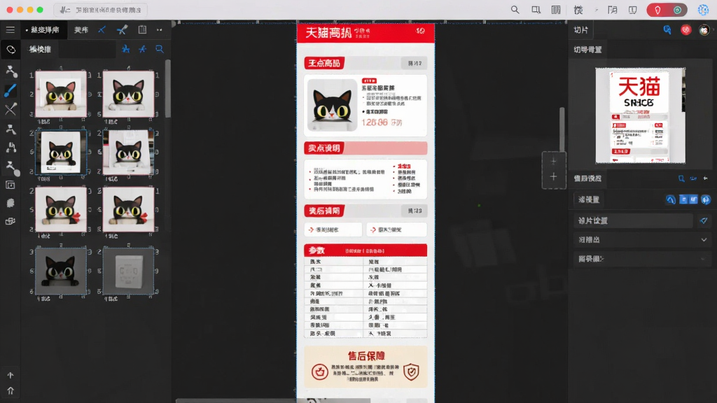 画面展示天猫美工王详情页长图拼接界面,主体为一张纵向延伸的详情页长图,包含商品展示、卖点说明、参数表格、售后保障等多个模块,左侧为模块拖拽排序面板,右侧为切片导出设置。布局采用纵向滚动预览形式,排版专业,风格为电商详情页设计工具风,细节上体现模块分隔线与切片编号,画质高清,干净无多余元素。