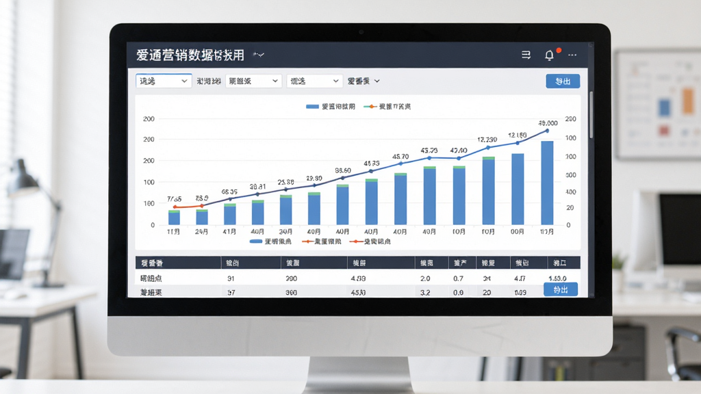 爱番番沟通营销数据统计报表,主体为电脑屏幕上的柱状图和折线图组合,布局上方为筛选栏,中间为趋势图,下方为明细表格,排版规整,风格为专业商务数据风,细节包含数据标签、图例说明、导出按钮,画质高清,画面干净,无多余元素