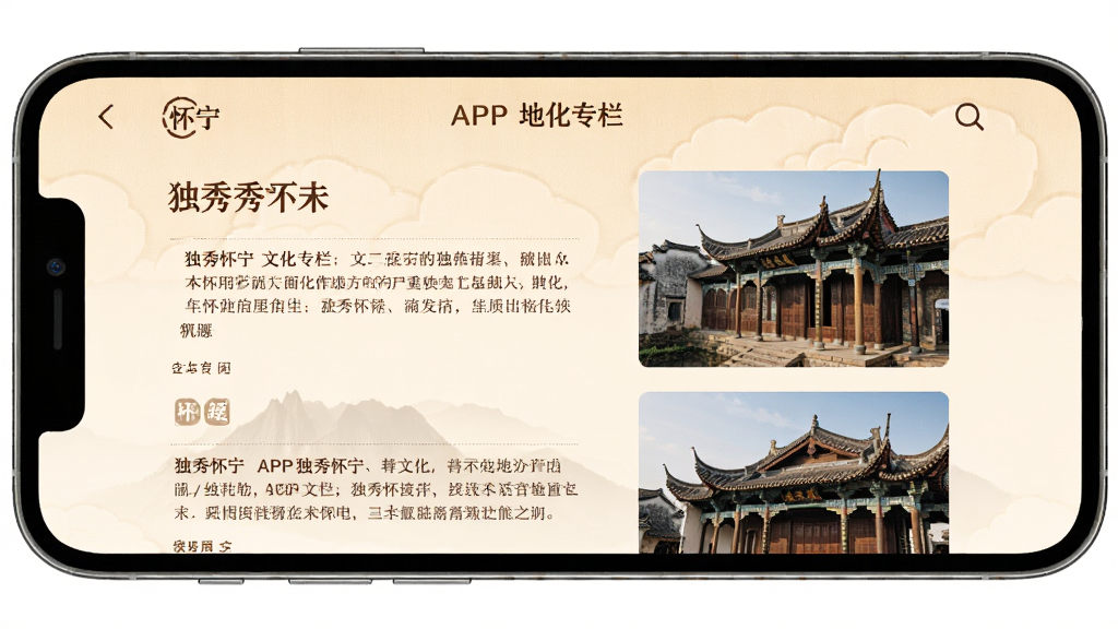 独秀怀宁APP文化专栏界面展示图,手机屏幕内呈现怀宁地方文化专题页面,包含图文混排的文化介绍内容与传统建筑图片,色调温暖古朴,排版雅致,画质清晰,干净无多余元素