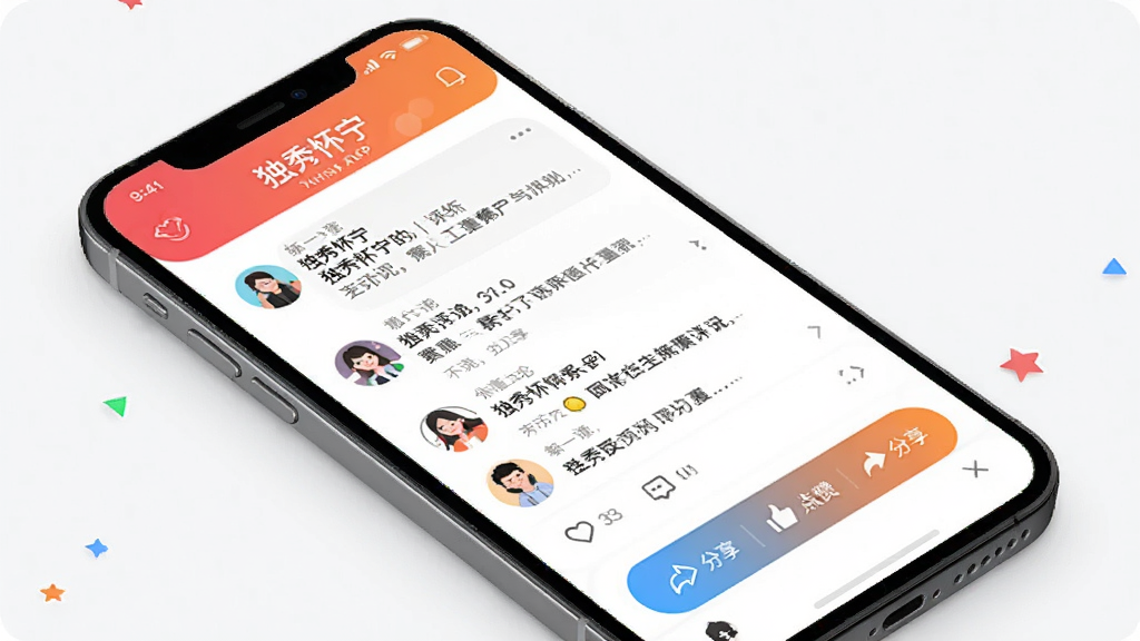 独秀怀宁APP社区互动页面展示图,手机屏幕内显示用户评论区与点赞分享按钮,界面活跃,配色明快,布局清晰,背景简洁,画质清晰,干净无多余元素