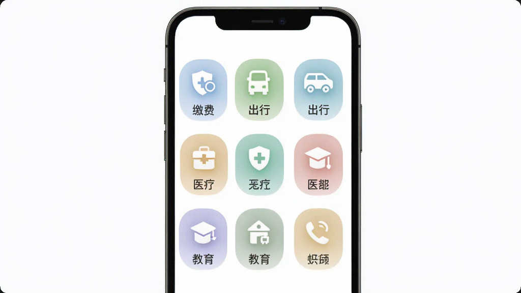 独秀怀宁APP便民服务功能展示图,手机屏幕内呈现九宫格功能图标布局,包含缴费、出行、医疗、教育等图标,配色柔和,图标设计统一,背景干净简洁,整体风格清爽,画质清晰,无多余装饰元素