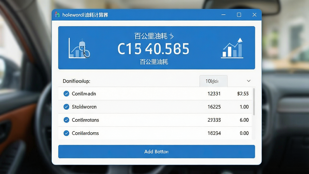 一张展示helloworld油耗计算器软件界面的图片,主体为软件主界面窗口,布局为上方显示百公里油耗数据大字体,中部为加油记录列表,下方为添加记录按钮,排版简洁清晰,风格为现代扁平化设计,细节包括蓝色主题色、白色背景、数据图表小图标,画质高清,干净,无多余元素