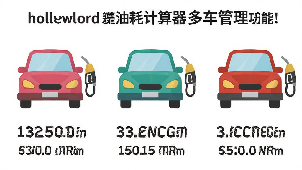 一张展示helloworld油耗计算器多车管理功能的图片,主体为三辆不同颜色的小汽车图标排列,布局为横向排列每辆车下方显示油耗数据,排版整齐对称,风格为卡通扁平化,细节包括每辆车旁有加油枪图标和里程数字,画质高清,干净,无多余元素