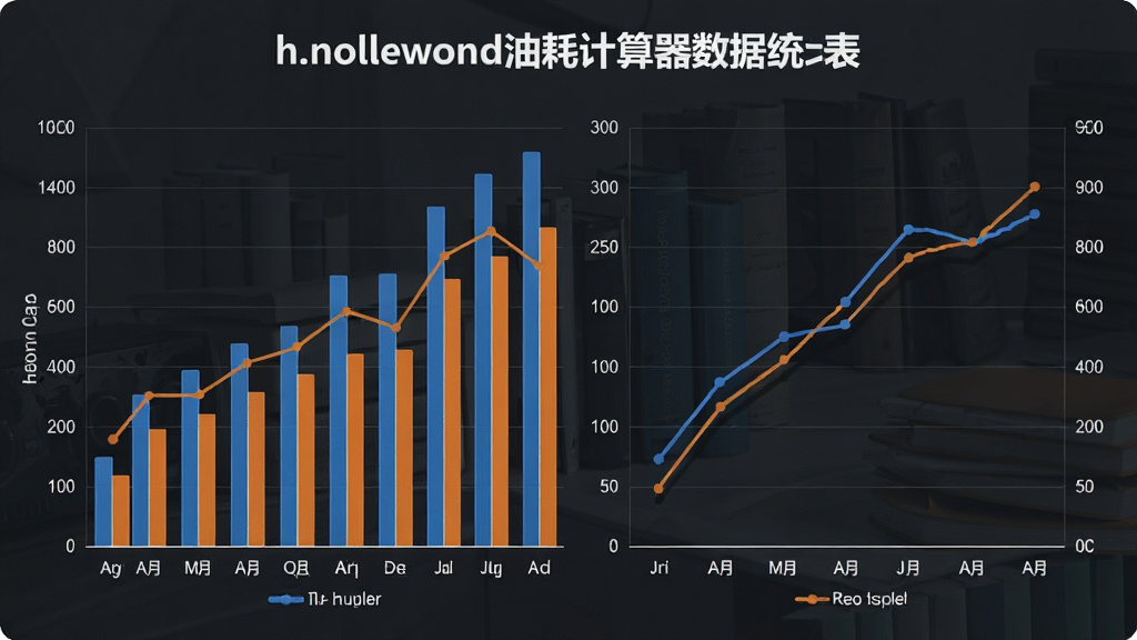 一张展示helloworld油耗计算器数据统计图表的图片,主体为柱状图和折线图组合展示油耗趋势,布局为左侧柱状图右侧折线图,排版居中,风格为商务简约,细节包括蓝色和橙色数据线、坐标轴刻度、月度标签,画质高清,干净,无多余元素