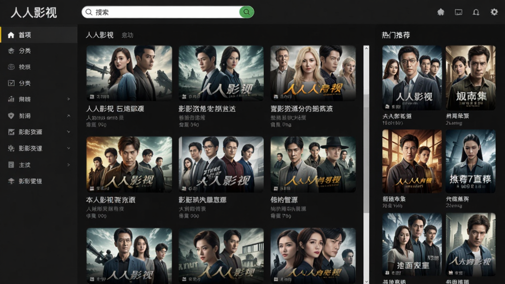 软件主界面截图,画面中央展示人人影视的影视资源瀑布流布局,左侧为分类导航栏,顶部为搜索框,右侧为热门剧集推荐海报墙,整体采用深色主题风格,界面干净整洁,文字清晰可辨,画质高清,无多余元素