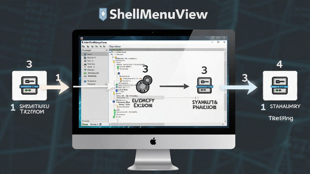 ShellMenuView 操作流程图,主体为电脑屏幕显示软件界面,画面中用箭头和数字标注操作步骤,布局为横向流程图,风格为信息图表风格,细节包括步骤编号、图标示意、操作提示文字,画质高清、干净、无多余元素,画面中包含