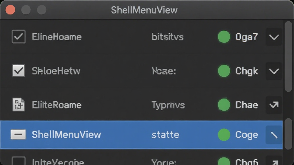 软件功能界面特写,主体为 ShellMenuView 列表视图,展示多条右键菜单项目,每条包含名称、类型、状态图标,布局为纵向列表,排版清晰,风格为技术工具风格,细节包括复选框、排序箭头、高亮选中行,画质高清、干净、无多余元素,画面中带有