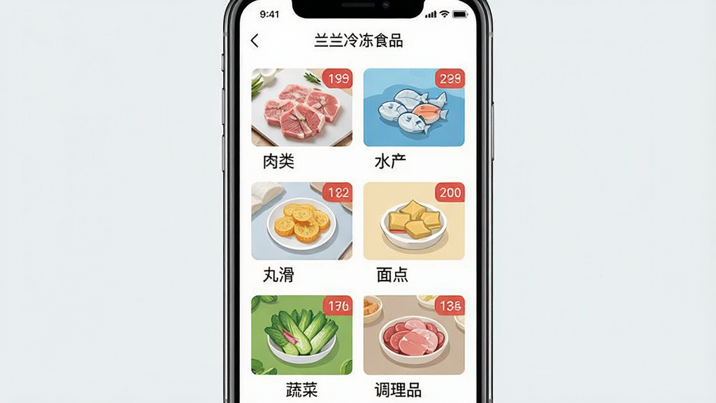 一张冷冻食品批发应用的商品分类展示图,画面主体是手机屏幕中“兰兰冷冻食品”的分类页面,布局采用网格排列,展示肉类、水产、丸滑、面点、蔬菜、调理品等分类图标与名称,风格为清爽扁平化设计,细节包括每个分类的缩略图和商品数量角标,画质清晰,干净,无多余元素