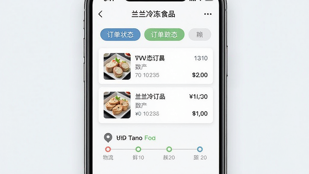 一张冷冻食品订货应用订单跟踪界面图,画面主体是手机屏幕中“兰兰冷冻食品”的订单列表页,布局上方是订单状态标签,中部是订单卡片包含商品缩略图、数量、金额,下方是物流跟踪时间线,风格为简约商务风,细节包括状态颜色区分和时间节点,画质清晰,干净,无多余元素
