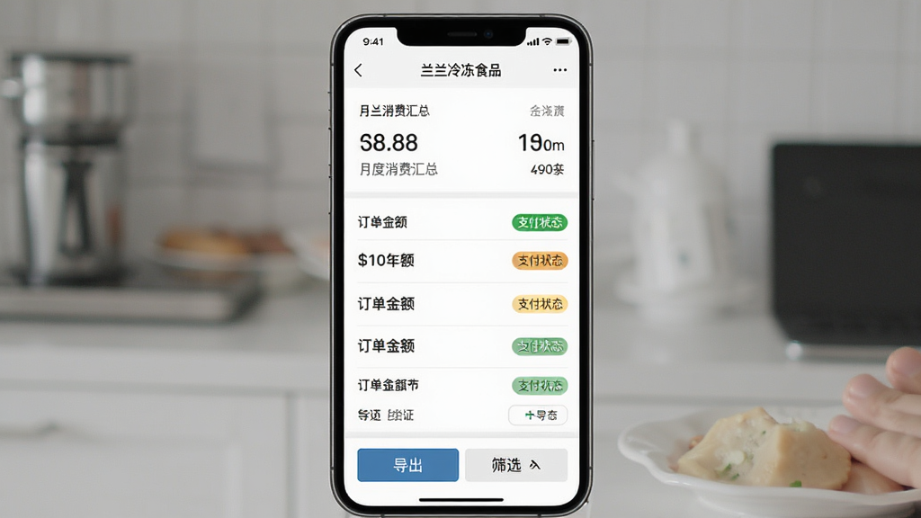 一张冷冻食品应用账目明细界面图,画面主体是手机屏幕中“兰兰冷冻食品”的账单页面,布局上方是月度消费汇总,中部是订单金额列表与支付状态标签,下方是导出或筛选按钮,风格为素雅极简风,细节包括数字对齐和状态色块,画质清晰,干净,无多余元素