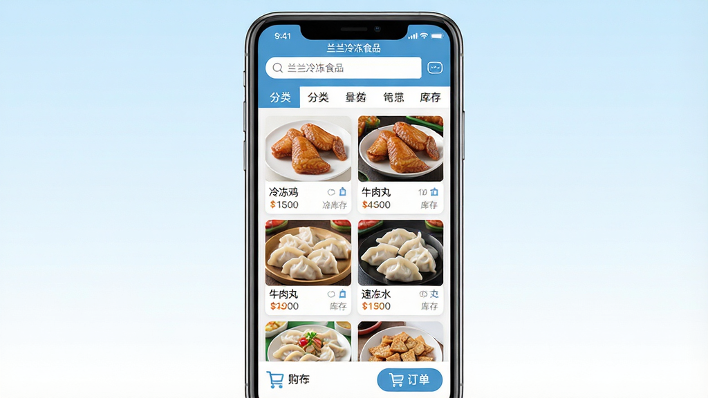 一张展示手机端冷冻食品批发订货应用界面的场景图,画面主体是一部竖屏智能手机,屏幕中显示“兰兰冷冻食品”应用首页,页面布局上方是搜索框与分类导航,中部是冷冻鸡翅、牛肉丸、速冻水饺等商品卡片列表,下方是购物车与订单入口,背景是干净的浅蓝到白色渐变,风格为扁平化写实UI展示风,细节包括商品缩略图、价格标签、库存数字,画质清晰,干净,无多余元素