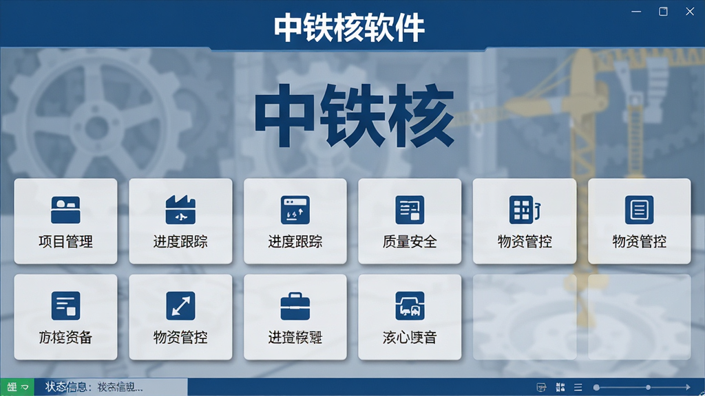 中铁核软件主界面全貌展示,画面中央是软件启动页,背景为蓝灰色调的专业工程风格,界面中清晰显示“中铁核”三个大字,下方排列着项目管理、进度跟踪、质量安全、物资管控等功能模块图标,整体布局为上下结构,上方为标题栏,中部为功能卡片网格,底部为状态信息栏,风格为现代商务扁平化设计,细节包括图标线条简洁、卡片带有轻微阴影、配色以深蓝与浅灰为主,画质高清,画面干净,无多余元素