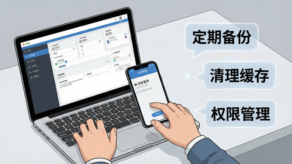 中铁核使用技巧示意图,画面为一双手正在操作笔记本电脑和手机,笔记本屏幕上显示软件设置界面,手机屏幕上显示权限管理页面,画面右侧浮现出几个半透明的提示气泡,分别写着“定期备份”“清理缓存”“权限管理”,背景为简洁的浅灰色工作台,风格为实用教程插画风,细节包括手指动作自然、屏幕内容清晰、气泡文字醒目,画质高清,画面干净,无多余元素