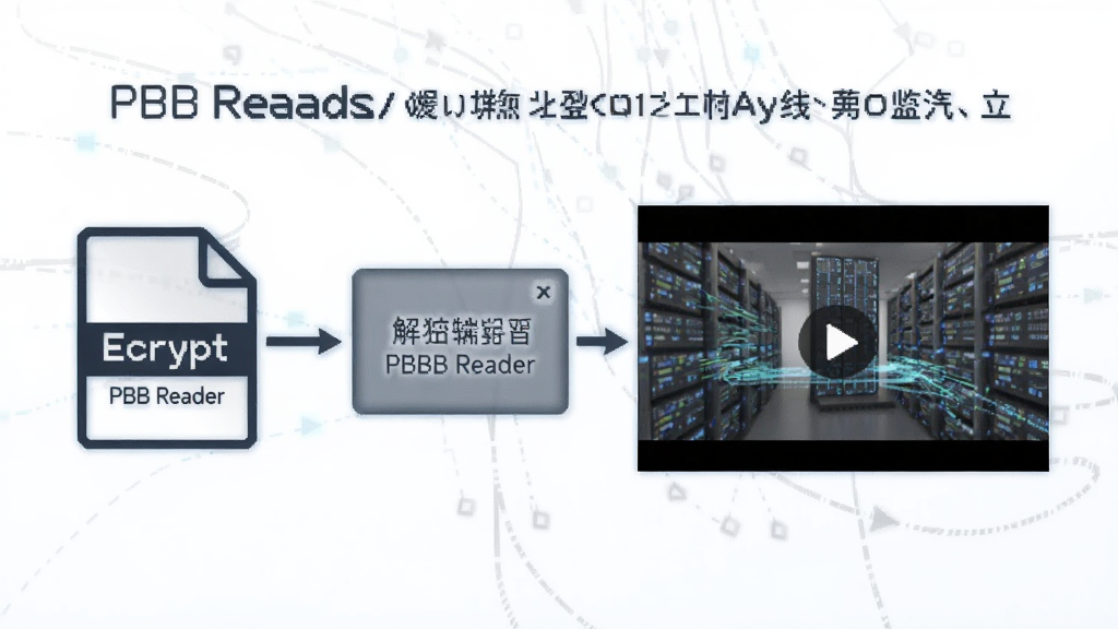 一张展示PBB Reader解码加密视频过程的示意图,画面中一个加密文件图标通过PBB Reader的解码通道变成清晰的视频画面,背景是科技感的数据流线条,风格简约现代,画质干净清晰