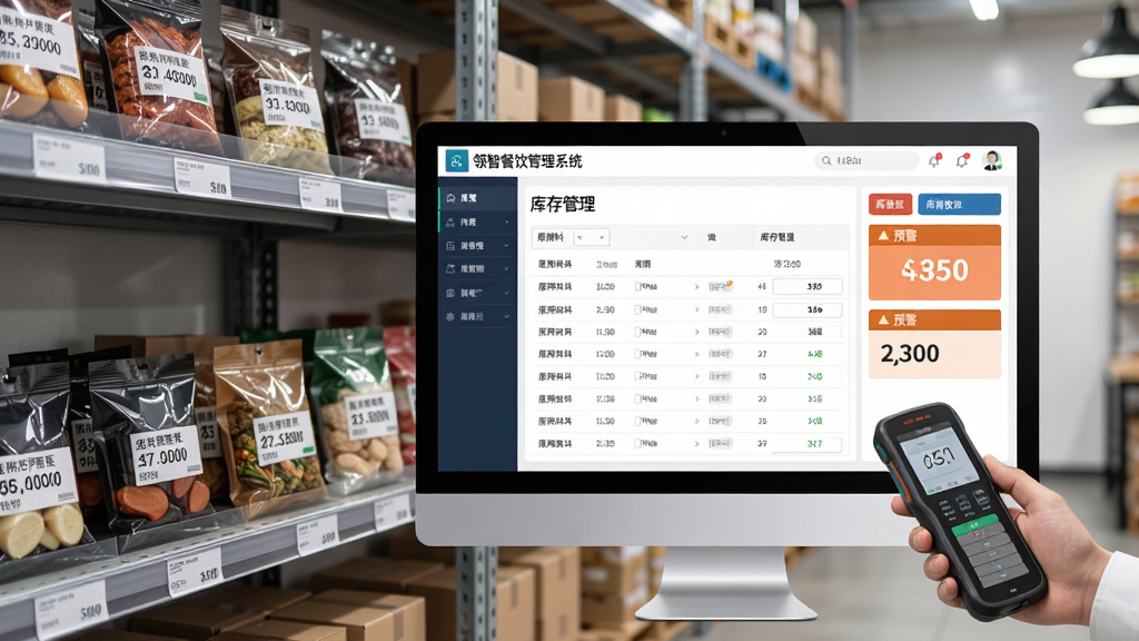 一张展示领智餐饮管理系统库存管理功能的图片,主体是餐厅库房货架和电脑屏幕,屏幕上显示领智餐饮管理系统的库存管理界面,界面中有原材料列表、库存数量、预警提示等模块,布局为左右分栏构图,排版整齐,风格为现代商务管理风,细节包括货架上的食材包装、标签和手持盘点设备,画面干净整洁,画质为高清写实风格,无多余元素。